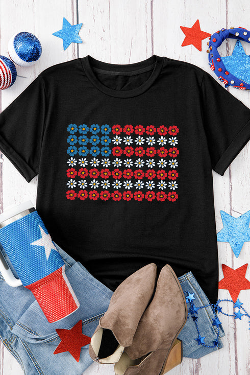 Black Cute Flowers Make Up American Flag Trendy Graphic T Shirt