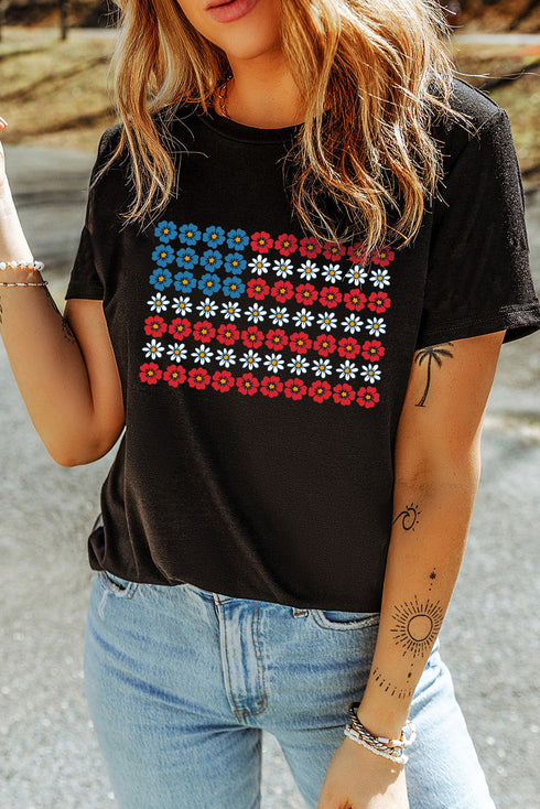 Black Cute Flowers Make Up American Flag Trendy Graphic T Shirt