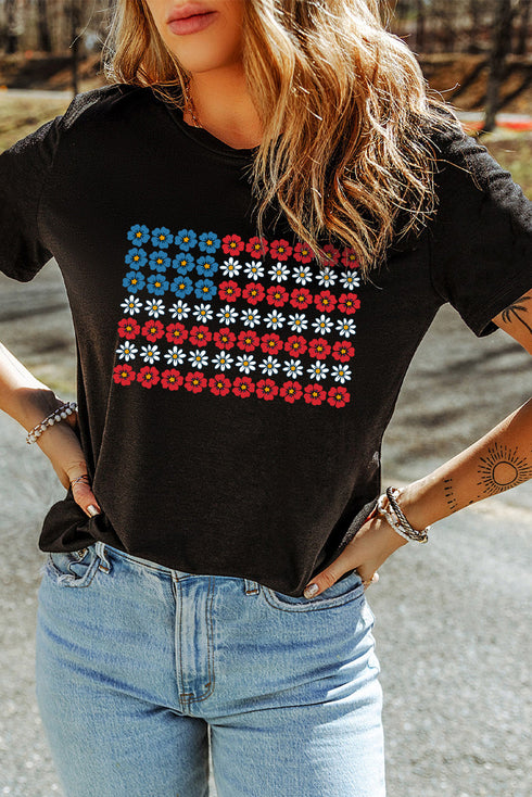 Black Cute Flowers Make Up American Flag Trendy Graphic T Shirt