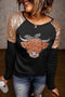 Black Cute Heifer Graphic Sequin Shoulder Long Sleeve Top