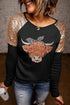 Black Cute Heifer Graphic Sequin Shoulder Long Sleeve Top