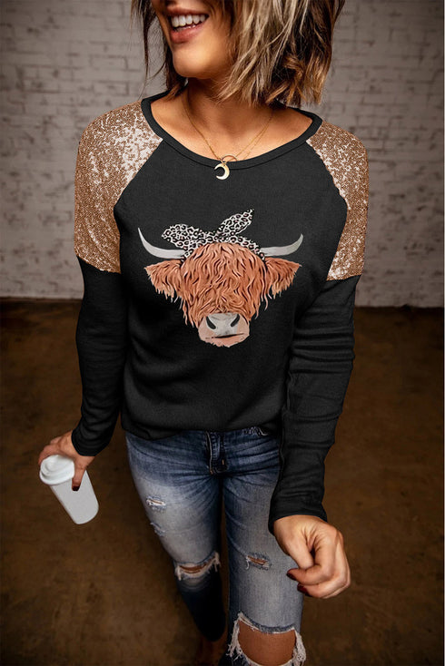 Black Cute Heifer Graphic Sequin Shoulder Long Sleeve Top