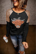 Black Cute Heifer Graphic Sequin Shoulder Long Sleeve Top