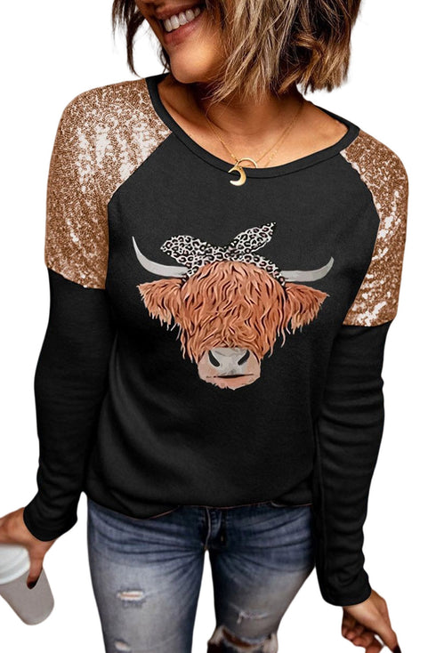 Black Cute Heifer Graphic Sequin Shoulder Long Sleeve Top