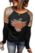 Black Cute Heifer Graphic Sequin Shoulder Long Sleeve Top