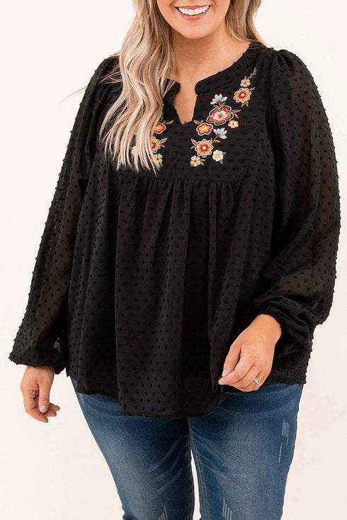 Black Embroidered Swiss Dot Texture Plus Size Blouse
