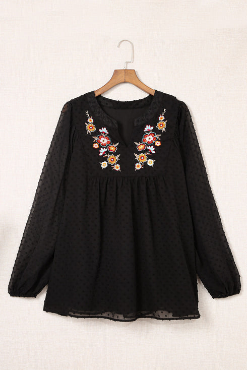 Black Embroidered Swiss Dot Texture Plus Size Blouse