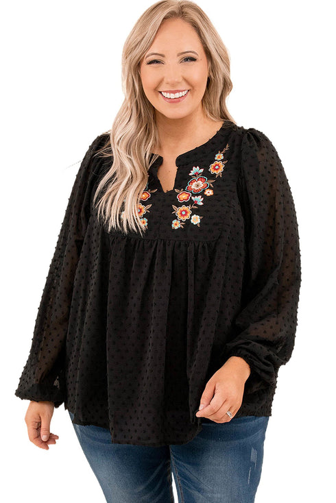 Black Embroidered Swiss Dot Texture Plus Size Blouse