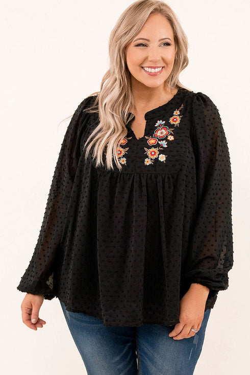 Black Embroidered Swiss Dot Texture Plus Size Blouse