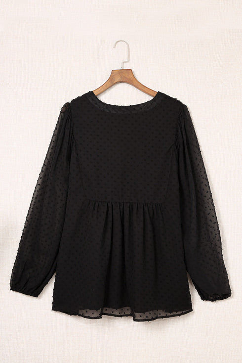 Black Embroidered Swiss Dot Texture Plus Size Blouse