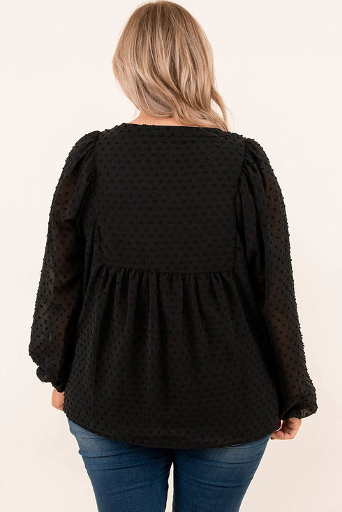 Black Embroidered Swiss Dot Texture Plus Size Blouse