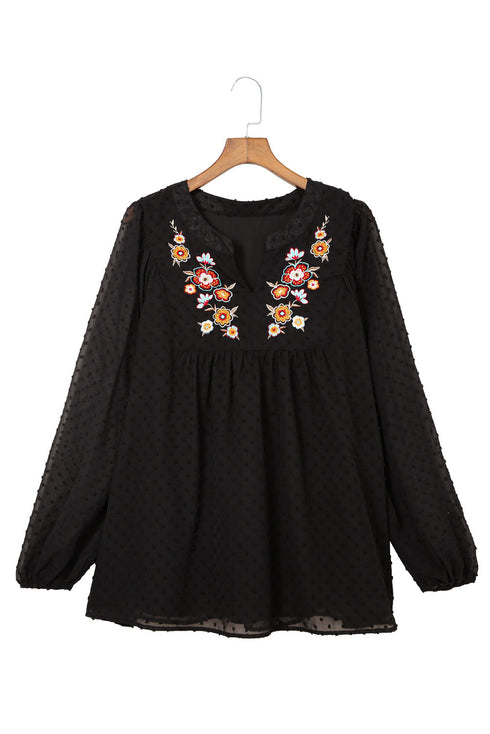 Black Embroidered Swiss Dot Texture Plus Size Blouse
