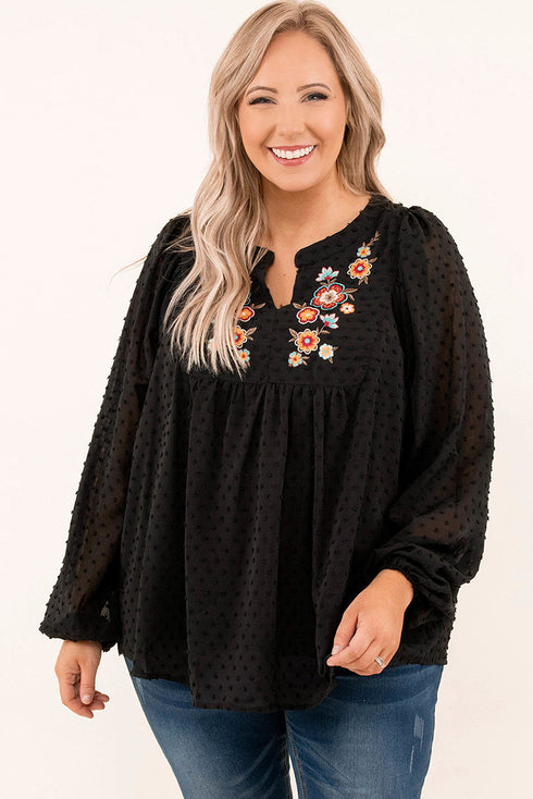 Black Embroidered Swiss Dot Texture Plus Size Blouse