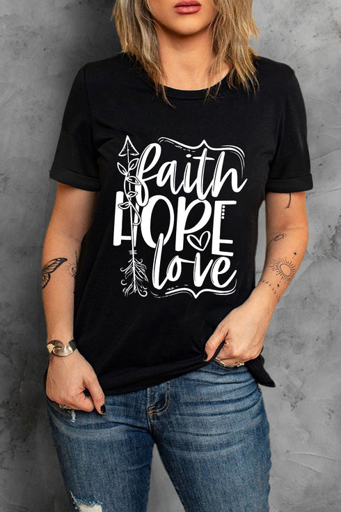 Black Faith Hope Love Graphic Print Short Sleeve T Shirt