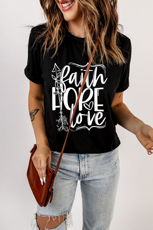 Black Faith Hope Love Graphic Print Short Sleeve T Shirt