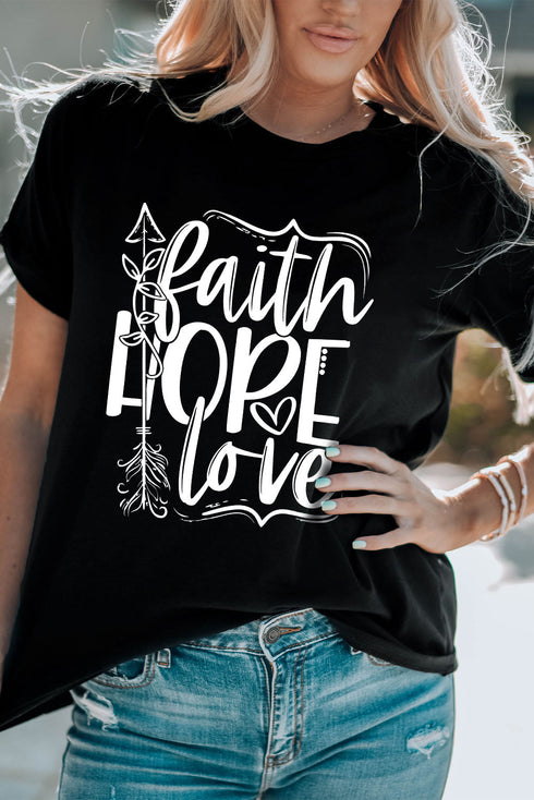 Black Faith Hope Love Graphic Print Short Sleeve T Shirt