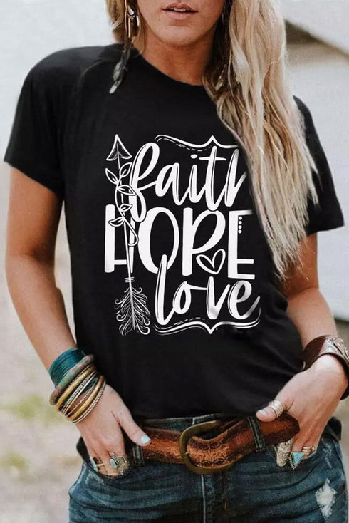Black Faith Hope Love Graphic Print Short Sleeve T Shirt