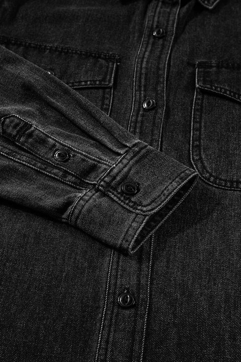 Black Flap Pocket Buttons Collared Jean Jacket