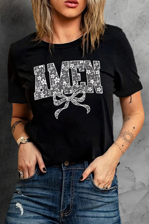 Black Floral AMEN Bow Printed T Shirt