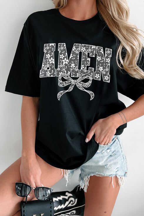 Black Floral AMEN Bow Printed T Shirt