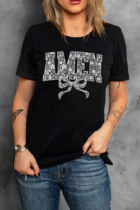 Black Floral AMEN Bow Printed T Shirt