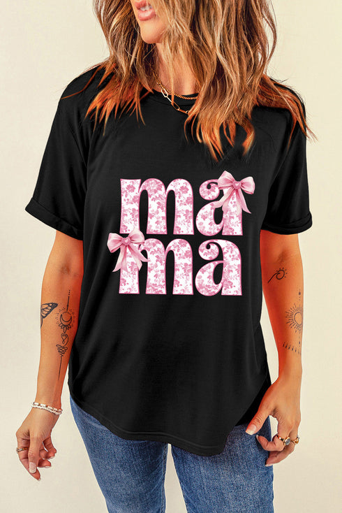 Black Floral Bow Mama Graphic Crewneck Tee