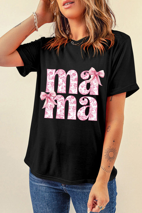 Black Floral Bow Mama Graphic Crewneck Tee