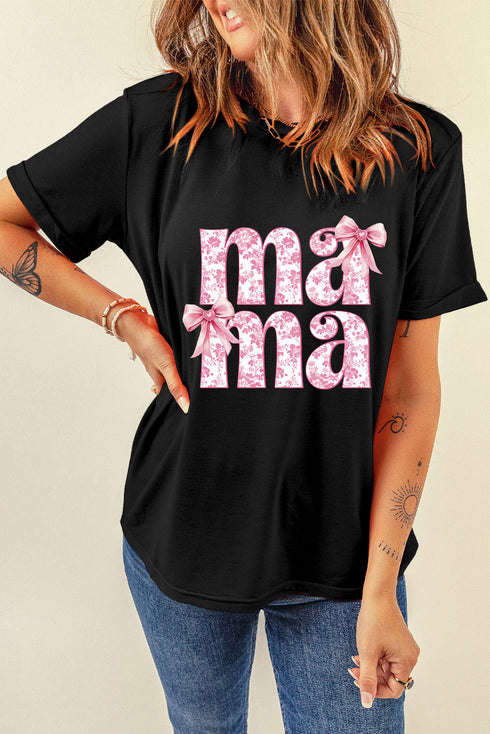 Black Floral Bow Mama Graphic Crewneck Tee