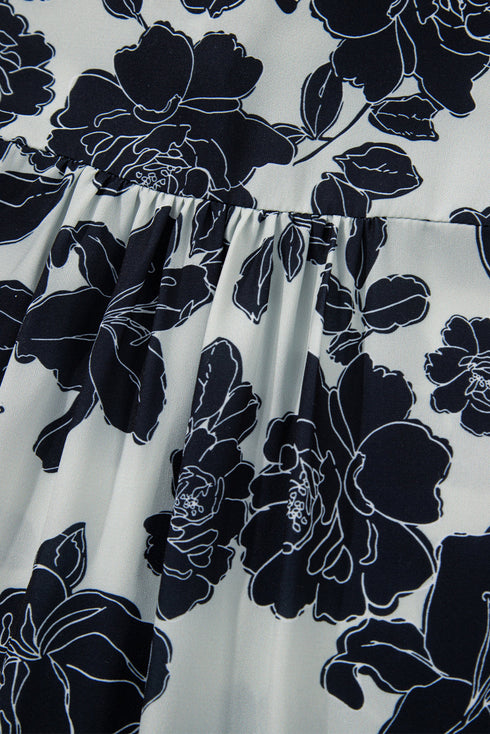 Black Floral Bubble Sleeve Casual Shirt