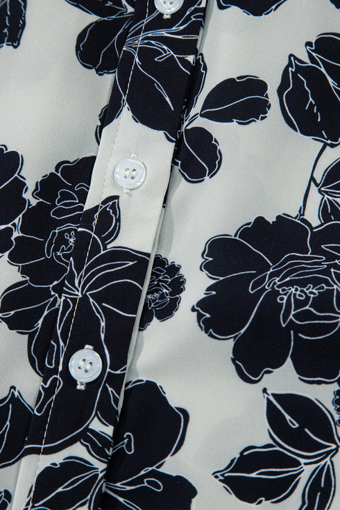 Black Floral Bubble Sleeve Casual Shirt