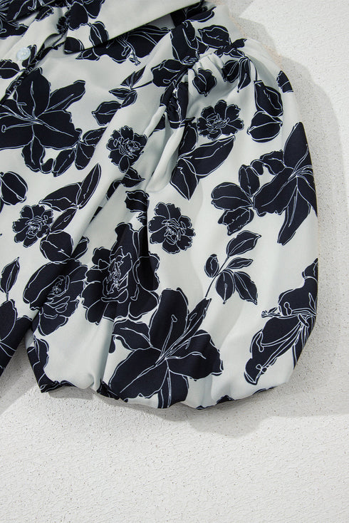 Black Floral Bubble Sleeve Casual Shirt
