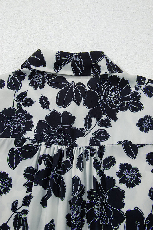 Black Floral Bubble Sleeve Casual Shirt