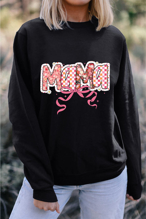 Black Floral Checkered Bow Printed Pullover Sweatshirt