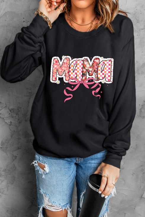 Black Floral Checkered Bow Printed Pullover Sweatshirt