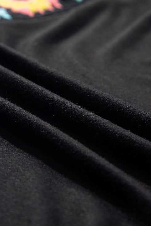 Black Floral Crochet Patched Sleeve Crew Neck Casual Tank Top