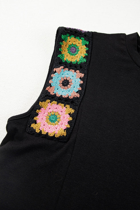 Black Floral Crochet Patched Sleeve Crew Neck Casual Tank Top
