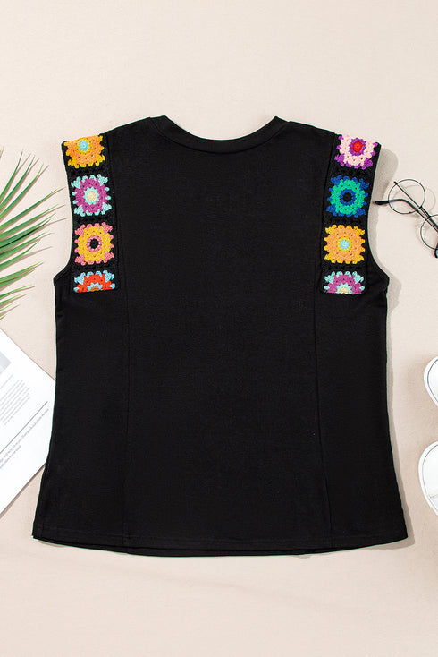 Black Floral Crochet Patched Sleeve Crew Neck Casual Tank Top