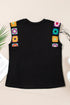 Black Floral Crochet Patched Sleeve Crew Neck Casual Tank Top