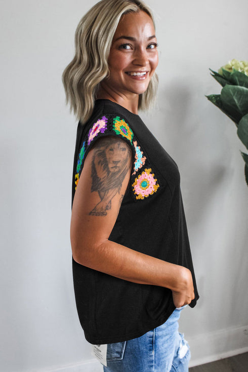 Black Floral Crochet Patched Sleeve Crew Neck Casual Tank Top