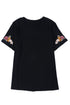 Black Floral Embroidered Round Neck Short Sleeve T Shirt