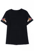 Black Floral Embroidered Round Neck Short Sleeve T Shirt