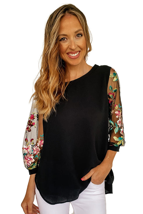 Black Floral Embroidered Sleeve Blouse