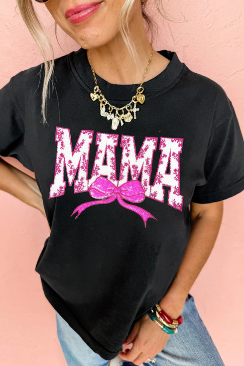 Black Floral MAMA Bow Graphic Crewneck T Shirt