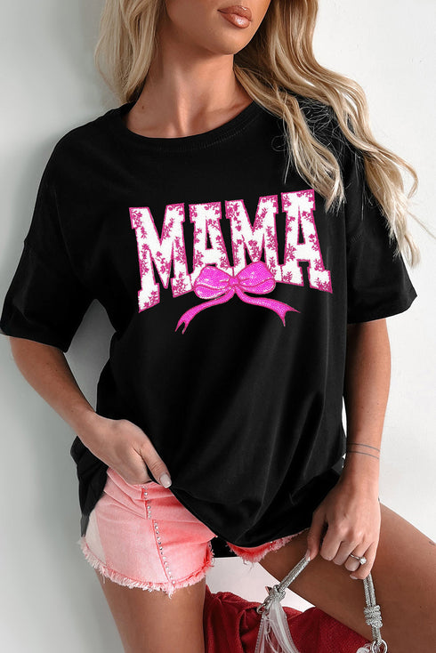 Black Floral MAMA Bow Graphic Crewneck T Shirt
