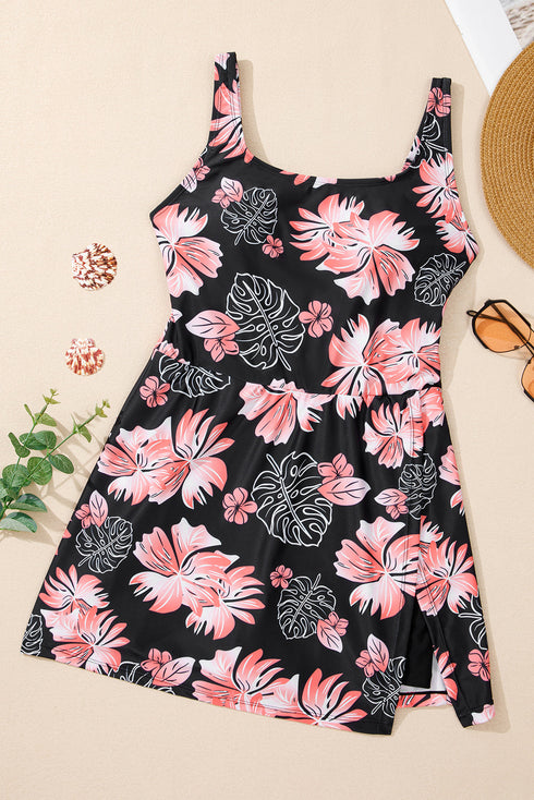Black Floral Print Twisted Hollowed Back Swim Dress
