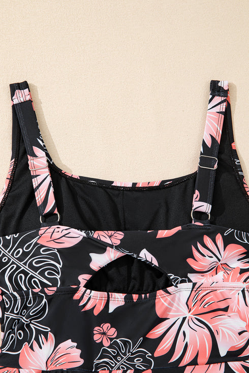 Black Floral Print Twisted Hollowed Back Swim Dress