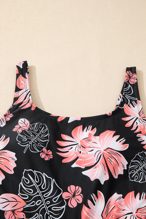 Black Floral Print Twisted Hollowed Back Swim Dress