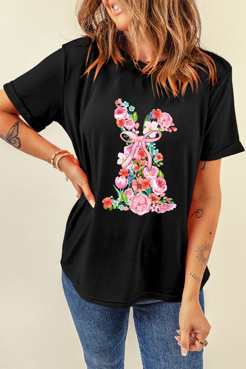 Black Floral Rabbit Graphic Easter Fashion Tee