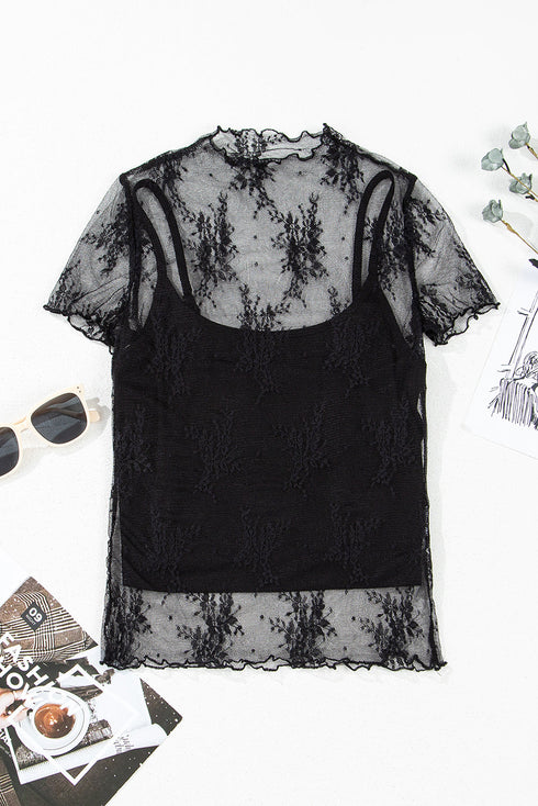 Black Floral Sheer Mesh Short Sleeve Mock Neck Blouse