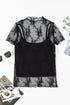 Black Floral Sheer Mesh Short Sleeve Mock Neck Blouse